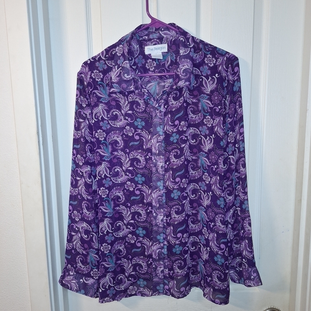 The Paragon Purple Paisley Butterfly Sheer Button Up Shirt XL